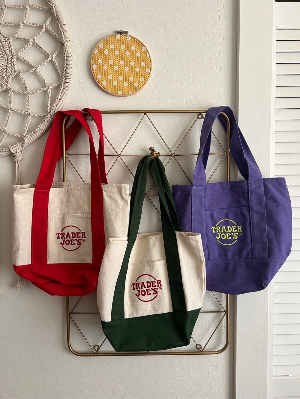 3 Mini Trader Joe’s Canvas Tote Bag - Red, Green, Purple Strap Options